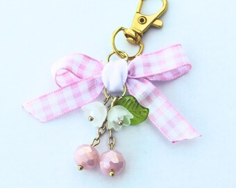 Pink Picnic Cherry Bag Charm – Coquette Gingham Bow Keychain, Cute Cherry Bag Accessory