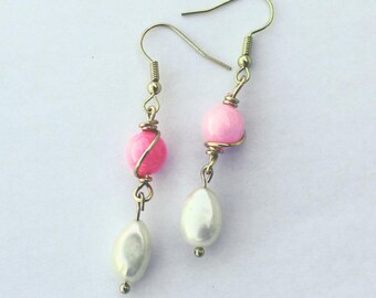 Pink Rose Quartz Pearl Drop Earrings | Pink, White, and Gold | Gold Tone Findings | Freshwater Pearl Earrings | Pink Earrings | Gemstone