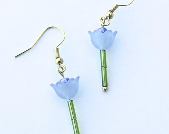 Blue Tulip Drop Earrings | Blue and Green | Gold Tone Findings | Springtime Floral Earrings | Tulip Earrings | Blue Earrings