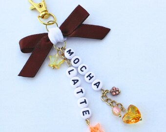 Mocha Latte Bag Charm – Coffee Addict Charm, Brown Ribbon Bow Keychain, Cute Cafe Purse Accessory
