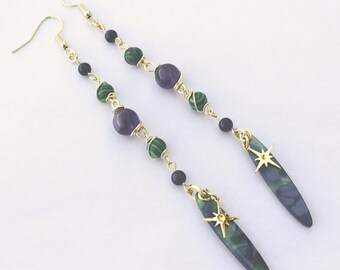Malachite, Obsidian, and Amethyst Dangle Drop Earrings | Green, Black, Purple | Peace, Protection and Growth | Gemstone Earrings