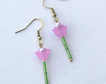 Pink Tulip Drop Earrings | Pink and Green | Gold Tone Findings | Springtime Floral Earrings | Tulip Earrings | Pink Earrings
