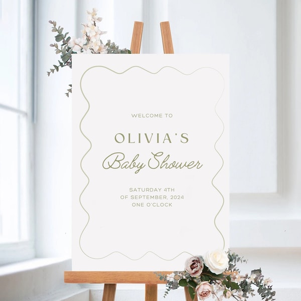 Olivia Baby Shower Welcome Sign Template | Wavy Modern Wedding | Minimalist Printable Board | Scalloped Border | Editable Canva Template
