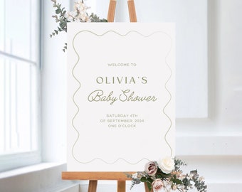 Olivia Baby Shower Welcome Sign Template | Wavy Modern Wedding | Minimalist Printable Board | Scalloped Border | Editable Canva Template