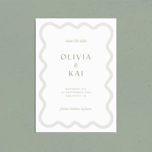Olivia Save The Date Einladung Vorlage | Gewellter Bogenkanten | Gewellte Moderne Hochzeitskarte | Einzigartige Party Druckbar und Bearbeitbar auf Canva