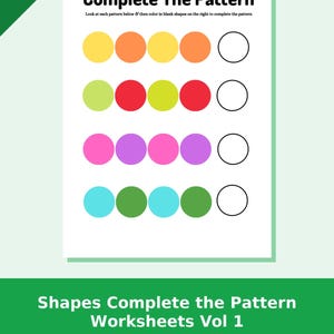 Peut inclure: Une fiche pédagogique imprimable intitulée Complete The Pattern avec des instructions pour colorier des cercles vides afin de terminer quatre rangées de cercles alternés en jaune, orange, vert lime, rouge, rose, violet, cyan et vert forêt.