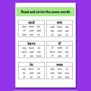 Peut inclure: Une fiche pédagogique imprimable intitulée Sight Words Read and Circle Worksheets. La page présente six cases, chacune contenant un mot cible comme and, am, have, if, in ou was, suivi d'une grille de mots à identifier et à entourer.