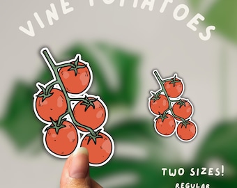 May include: Two die-cut stickers featuring illustrations of red vine tomatoes with green stems. The text VINE TOMATOES is printed at the top, and the text TWO SIZES! REGULAR MINI is printed at the bottom right. The stickers are shown in two sizes.
