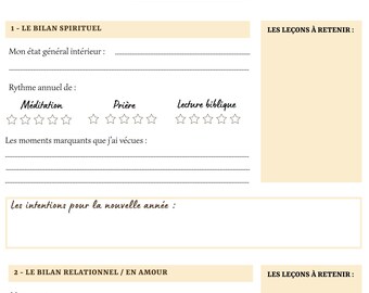 May include: A cream-colored journal page with the title "BILAN DE L'ANNÉE" at the top. The page is divided into sections for spiritual and relationship reflections, with prompts for self-assessment and goal setting. Includes sections for meditation, prayer, and bible reading.