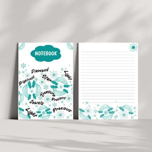 May include: A white notebook with a teal cloud-shaped title that reads "NOTEBOOK." The cover features teal illustrations of stars, rainbows, and text including "Brightness," "Diamond," and "Jewels." The lined interior page has a sun illustration.