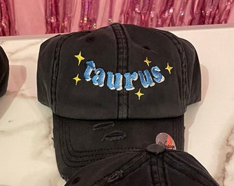Zodiac Signs Embroidered Dad Hats, Made to Order, Women’s Hats, Vintage Distressed Dad Hats, Trucker Hat, Baseball Cap Hat