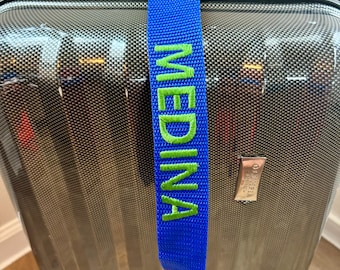 Personalized Embroidered Luggage Tag — Custom Bag ID Strap with Metal Snap, Blue