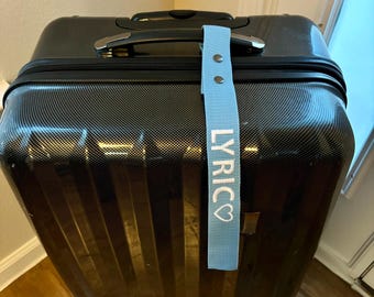 Personalized Embroidered Luggage Tag — Custom Bag ID Strap with Metal Snap, Light Blue