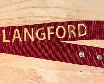 Personalized Embroidered Luggage Tag — Custom Bag ID Strap with Metal Snap, Burgundy