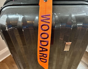 Personalized Embroidered Luggage Tag — Custom Bag ID Strap with Metal Snap, Orange