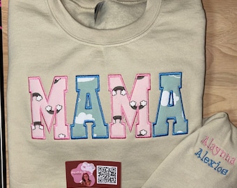 Personalized/ Customs Mama Crewneck Sweatshirt with Children&#39;s name on sleeve, heart on my sleeve, customizable, Gigi, Nana, Mama Keepsake