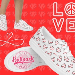 Baseball Love Heart, Baseball Heart Women’s Lace-Up Canvas Shoes, Baseball Lover Shoes, Softball Heart Monograms Shoes, Baseball Player Gift
