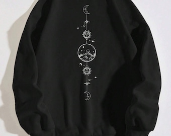 Sudadera Negra con Diseño de Sol y Luna Blancos - Celestial Harmony