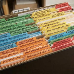 May include: A black desktop file box containing a set of hanging file folders with color-coded tabs. The tabs are labeled with categories such as Child's Annual, Report Cards, Medical Expense Receipts, and Special Moments Journal in black text.