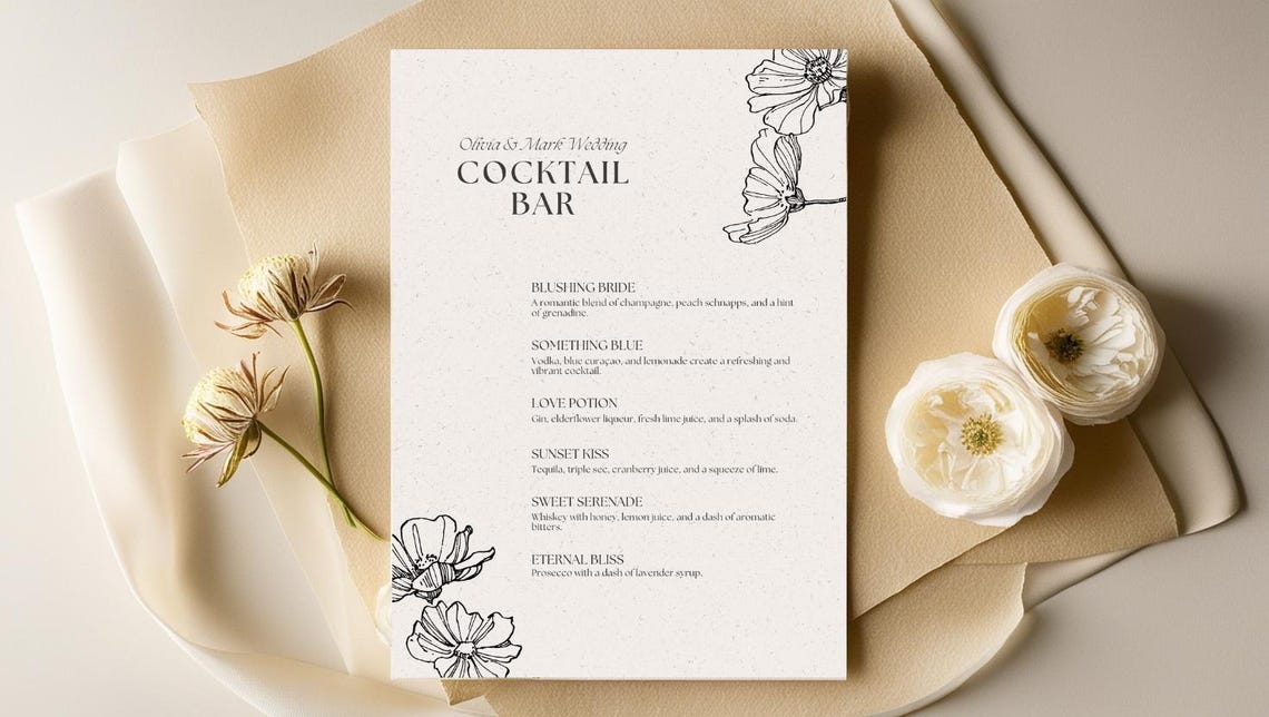 Wedding Cocktail Menu Template, Minimalist Printable Cocktail Menu ...