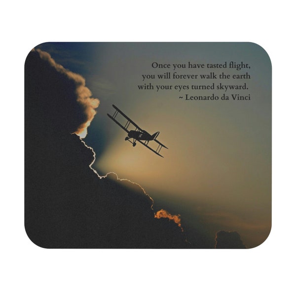Aviation mousepad | pilot gift | flying theme with night sky, clouds, bi-plane | office, desk, den, work, laptop accessory | Father's Day