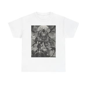 May include: A white short-sleeved t-shirt featuring a centred black and white graphic print of a caped figure in armour standing atop a horned gargoyle. The figure holds a long staff, surrounded by flying bats against a large circular moon background.