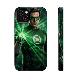 May include: Green Lantern phone case featuring a superhero in a green costume with a mask. The case has a glossy finish and a detailed image of the character holding a glowing green power ring. The side view shows the case's black edges.