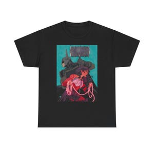 May include: Black t-shirt featuring a comic book style illustration of two characters. One character is in a Batman-like costume, holding a hammer. The other character is a woman in a red and white outfit, holding a rope.