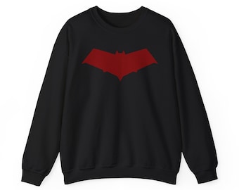 Sudadera unisex de mezcla pesada con cuello redondo y logo de Red Hood en rojo intenso