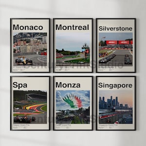 May include: A set of six posters featuring different Formula 1 Grand Prix races. Each poster features a black and white design with the name of the race and the location in bold text. The posters are arranged in a grid of two rows and three columns. The posters are printed on high-quality paper and are perfect for any Formula 1 fan.