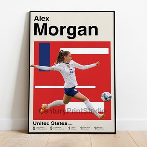 May include: A red, white, and blue geometric poster featuring a photo of Alex Morgan, a soccer player, kicking a soccer ball. The poster includes the text "Alex Morgan" and "United States".