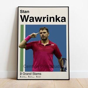 May include: A poster featuring a photo of Stan Wawrinka, a professional tennis player, with the text "Stan Wawrinka" and "3 Grand Slams" printed on it. The poster has a blue, green, and white colour scheme.