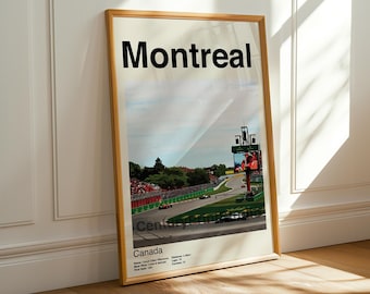 Puede incluir: Un póster enmarcado con una foto de un circuito de carreras y el texto "Montreal, Canadá". El póster tiene un fondo blanco con texto negro y una foto de un circuito de carreras con una gran pantalla que muestra un coche de carreras.