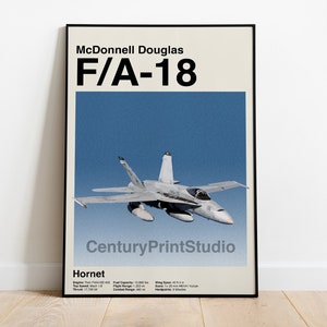 May include: A framed poster depicting a McDonnell Douglas F/A-18 Hornet aircraft against a blue sky. The poster includes the text "McDonnell Douglas F/A-18" at the top, with additional details and the text "CenturyPrintStudio" at the bottom.