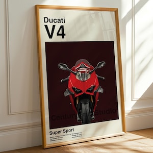 Pôster Ducati V4, Arte Italiana de Superbike, Decoração Moderna de Motocicleta, Presente para Motociclistas, Impressão de Corrida, Arte de Parede Minimalista Ducati, Presente de Automobilismo