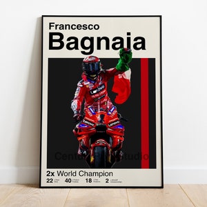 Affiche Pecco Bagnaia, MotoGP Ducati minimaliste, impression moderne milieu de siècle, cadeau pour lui, impression de sport automobile, art mural, art de chambre à coucher pour lui