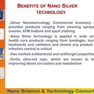 Puede incluir: Un gráfico informativo titulado Benefits of Nano Silver Technology. Enumera aplicaciones como aerosoles de limpieza, cremas para la piel y vendajes, señalando propiedades antibacterianas y la emisión de rayos infrarrojos.