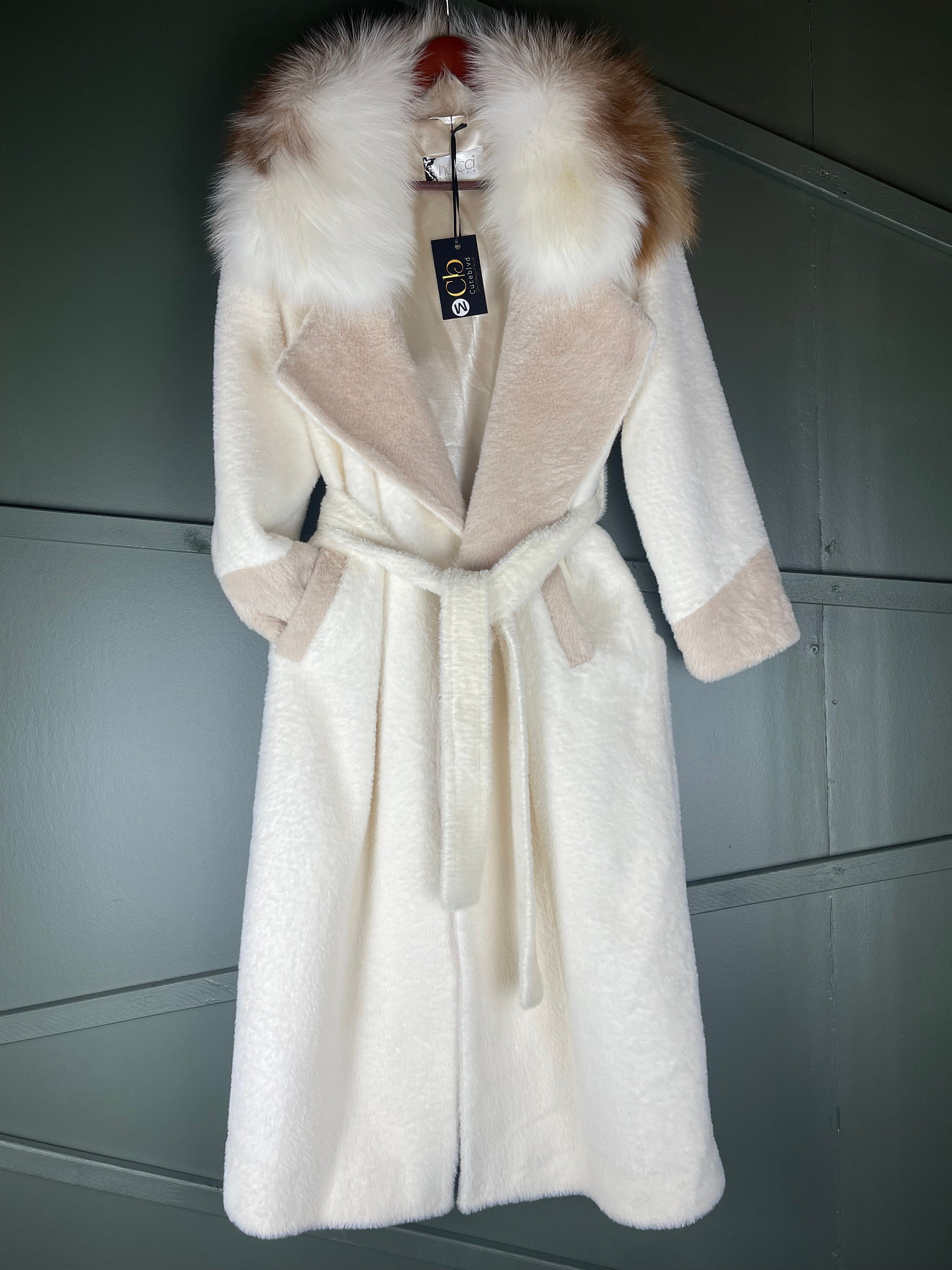 Llama Off-white Long Winter Coat for Women, Removable Belt Llama Off-white Long Winter Coat for Women, Removable Belt