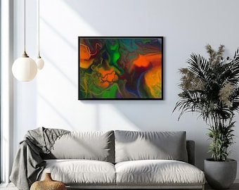 Abstract Fluid Art Print, Modern Wall Decor, Orange Green Painting