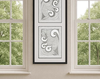 Potloodschetskunstdruk abstracte golven – zwart-wit (digitale download)