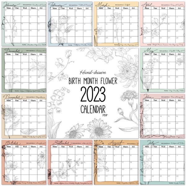 Hand draw Birth Flower 2023 Kalender Planer Digital/PDF Download gridded