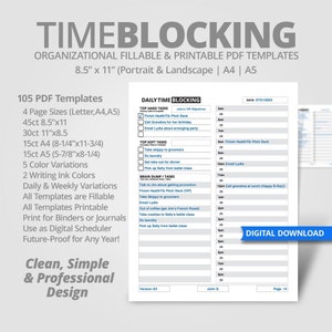 May include: A digital download of 105 printable time blocking templates in 4 sizes: Letter, A4, A5, 8.5 x 11 inches. The templates are available in 5 color variations and 2 writing ink colors. The templates are fillable and printable for binders or journals. The templates are designed to be used as a digital scheduler and are future-proof for any year. The image shows a sample template with a daily time blocking schedule, including "Top Hard Tasks", "Top Soft Tasks", and "Brain Dump/Tasks" sections. The template includes a date field, a section for John's VIP Objectives, and a section for daily tasks. The image also includes the text "Digital Download".