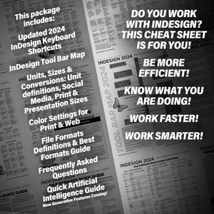 May include: A black and white image of a cheat sheet for Adobe InDesign 2024. The cheat sheet includes information on units, sizes, conversions, social media, print and presentation sizes, color settings for print and web, file formats, frequently asked questions, and a quick guide to artificial intelligence. The text "Do you work with InDesign? This cheat sheet is for you!" is at the top of the image.