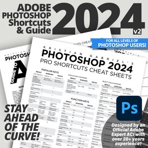 May include: A set of Adobe Photoshop shortcut guides and cheat sheets. The main sheet is titled "Kristian Gabriel's Photoshop 2024 Pro Shortcuts Cheat Sheets." The image includes the Adobe Photoshop logo and the text "Stay Ahead of the Curve!"