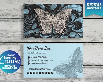 Może przedstawiać: Projekt wizytówki z ilustracją motyla. Górna karta ma czarne tło z motylem i niebieskimi wirami. Dolna karta jest jasnoniebieska z danymi kontaktowymi i grafiką motyla. Tekst zawiera "Your Name Here" i "Digital Printable".