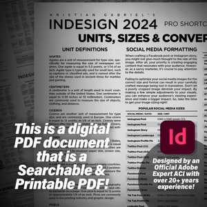 May include: A digital document with the text "This is a digital PDF document that is a Searchable & Printable PDF!" in a red box. The document provides information about units, sizes, and conversions for graphic design and social media. The document also includes a table of popular social media sizes and their corresponding dimensions.
