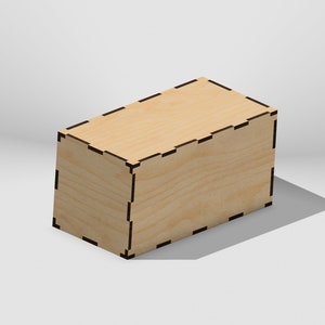 Pode incluir: Uma caixa de madeira com acabamento marrom claro e bordas pretas. A caixa é feita de madeira compensada e tem uma forma retangular.