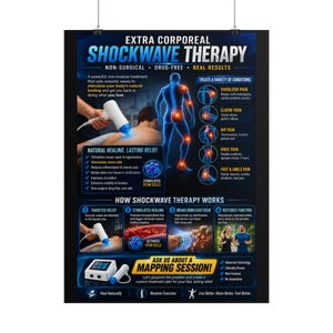 May include: A vertical informational poster titled Extra Corporeal Shockwave Therapy. It features a blue and black color scheme with diagrams of a human body, a handheld therapy device, and text explaining non-surgical, drug-free treatment.