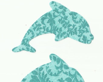 Set of 2 Turquoise Floral Fabric Dolphin Iron on Appliques ~ DIY ~ No Sew