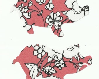 Set of 2 Pink/Coral and White Floral Fabric Pig Iron on Appliques ~ DIY ~ No Sew